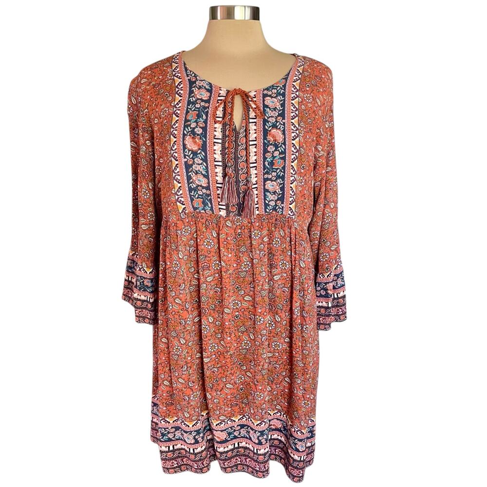 Artesia Rust Blue Boho Tunic / Mini Dress Size XXL Peasant Fall Casual Festival‎
